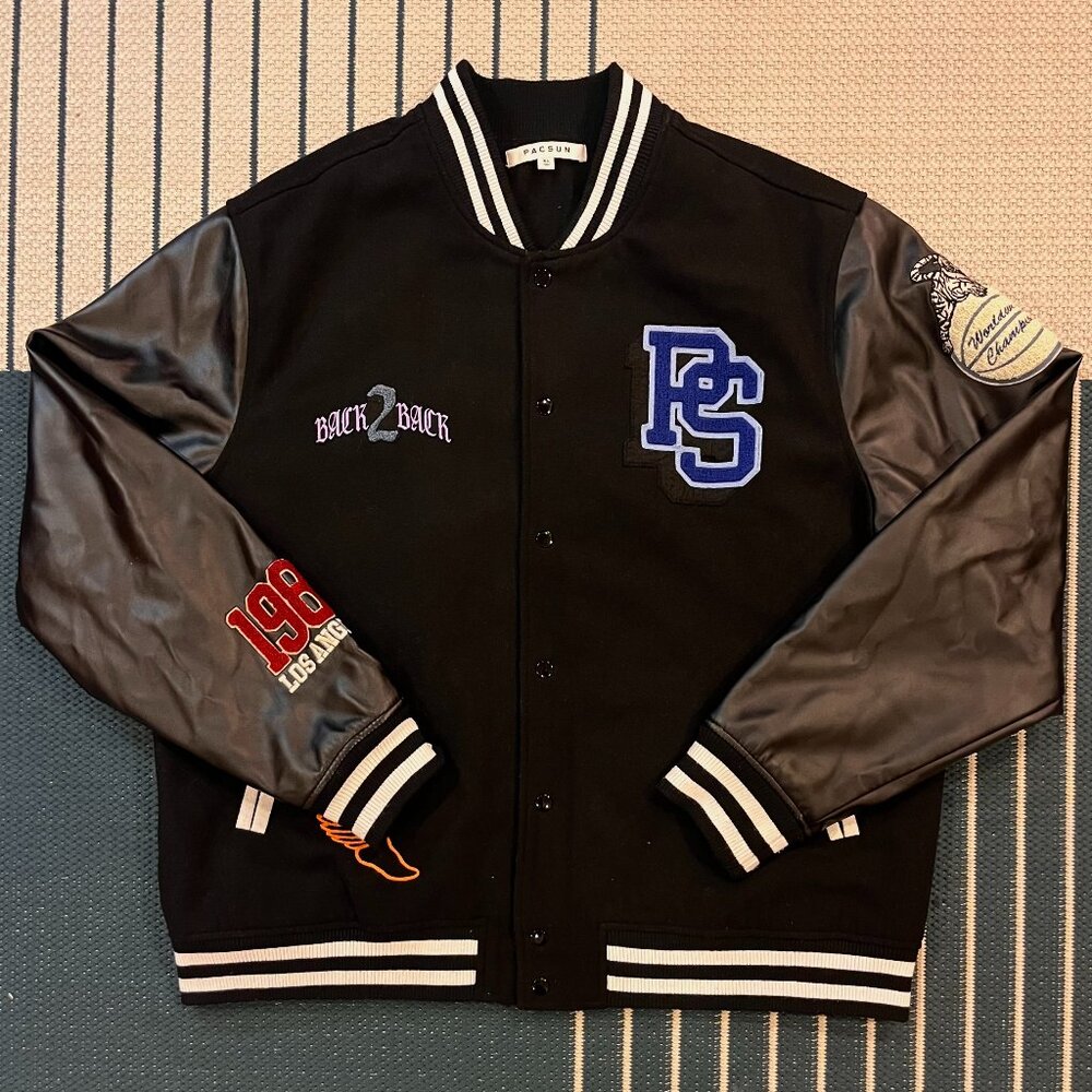 PACSUN Varsity Letterman Patch Jacket Black Men's Size XL